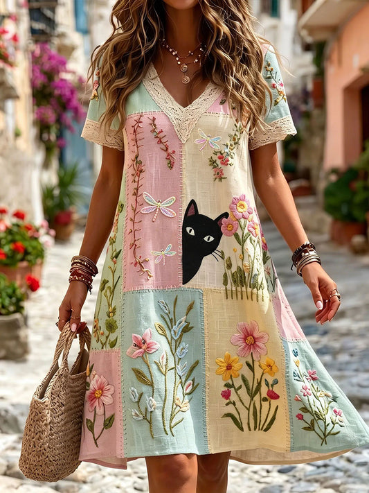 Elegantes Damenkleid aus Baumwolle und Leinen mit Blumenmuster