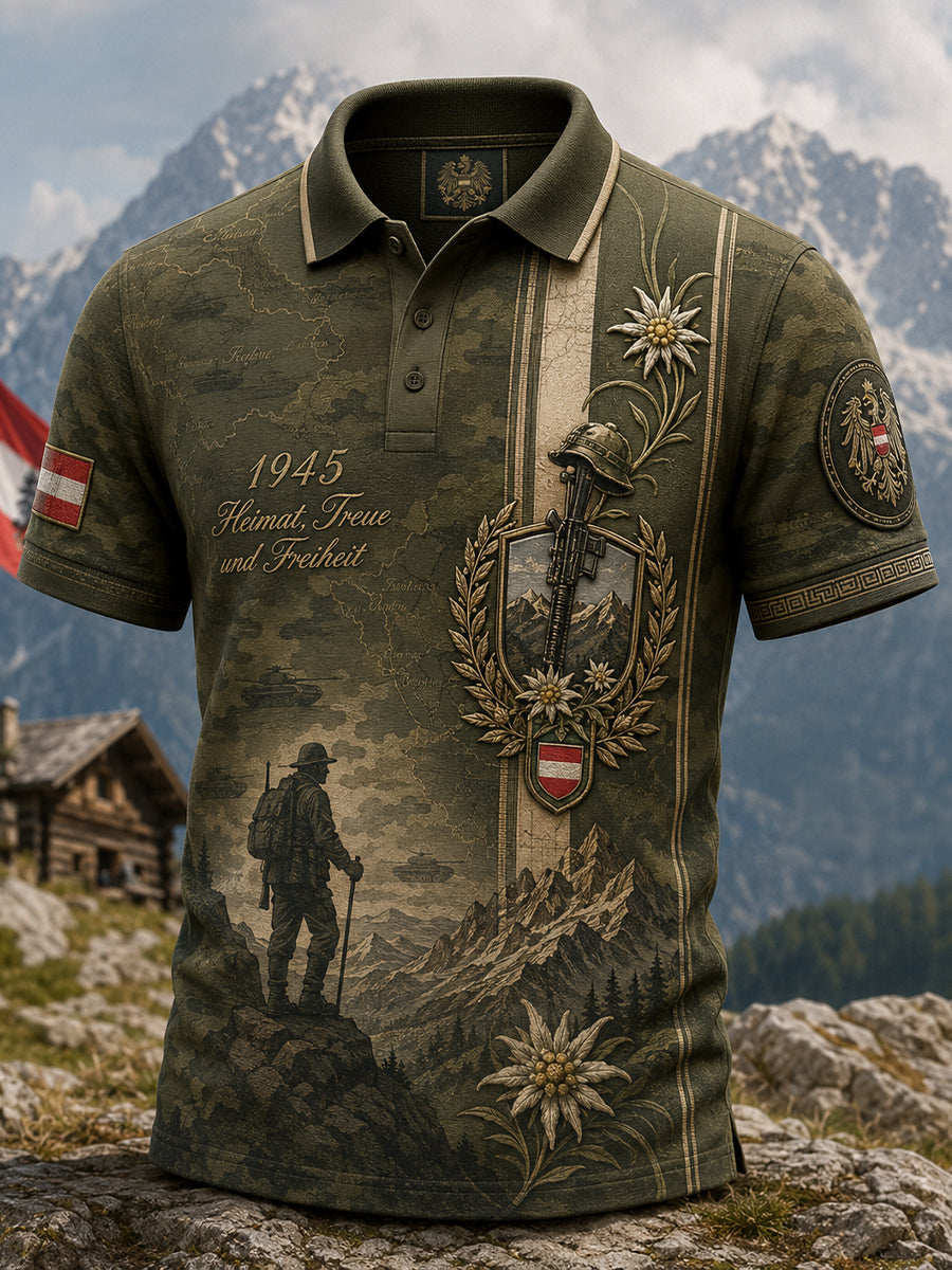 Herren-Poloshirt mit österreichischem Militär- und Patriotismusmotiv als Kunstdruck