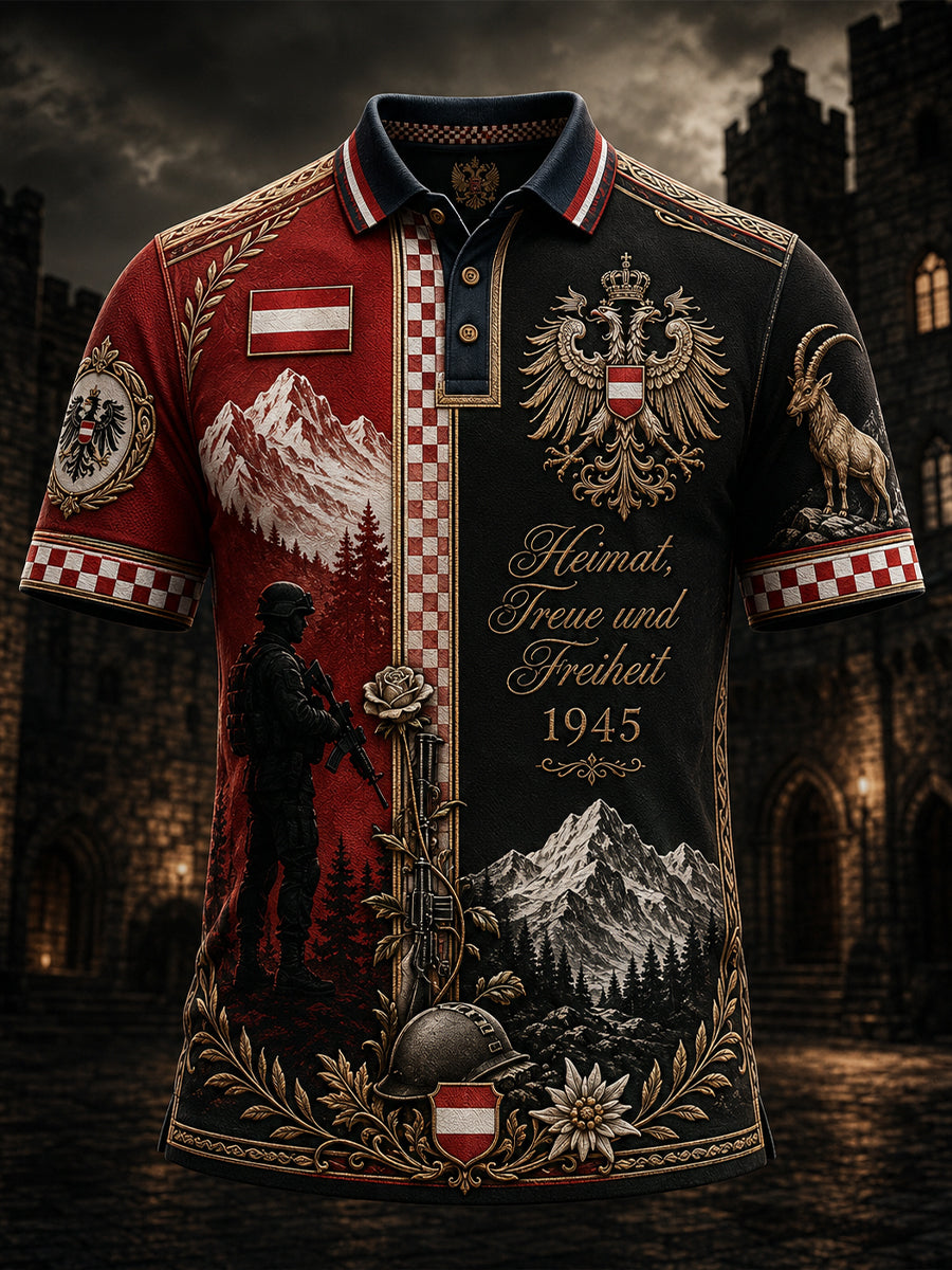 Herren-Poloshirt mit österreichischem Militär- und Patriotismusmotiv als Kunstdruck