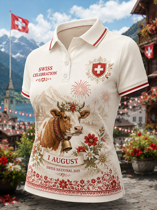 Damen-Poloshirt mit kurzen Ärmeln und Aufdruck zum Nationalfeiertag
