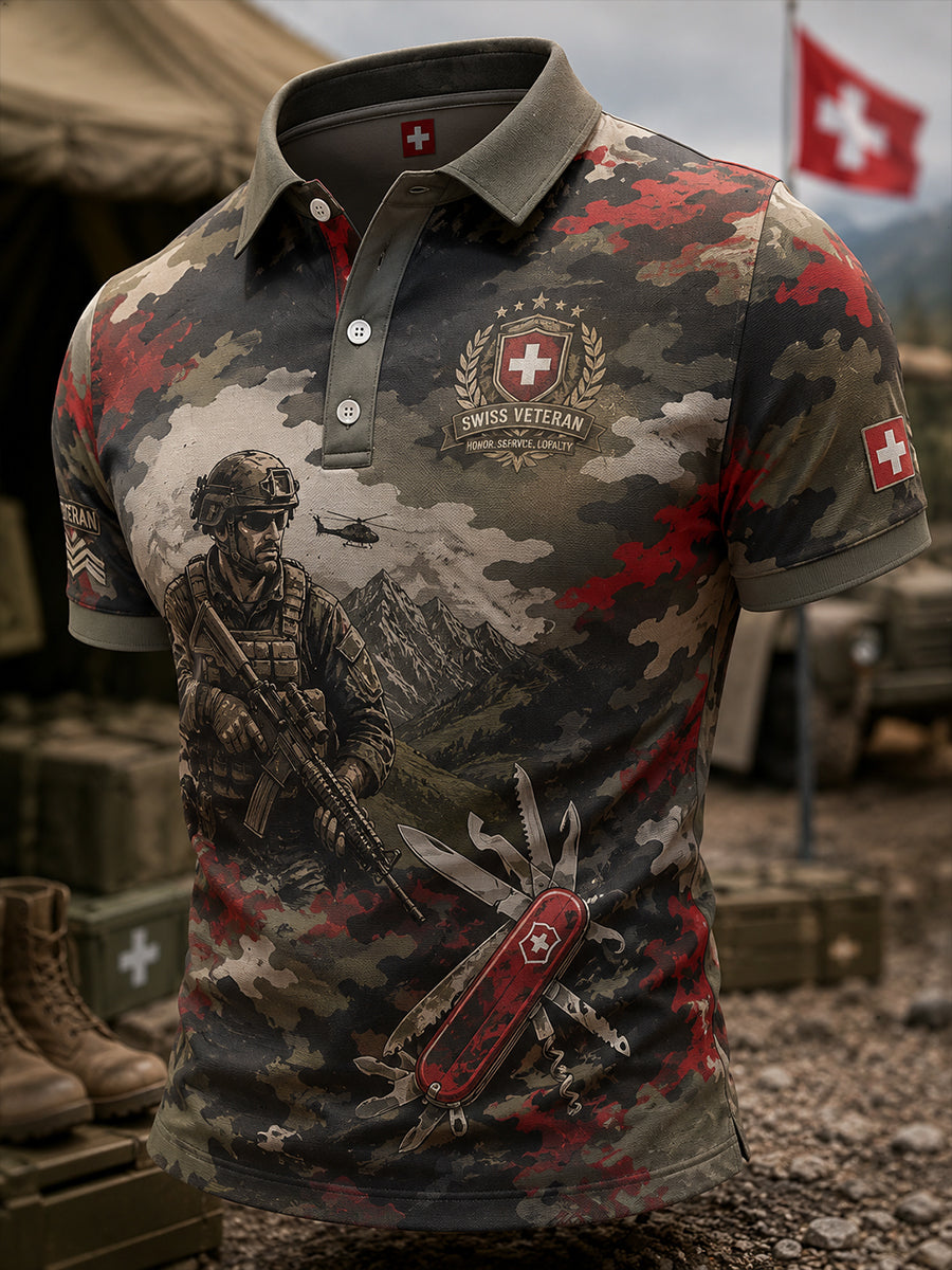 Kurzärmliges Herren-Polo-Shirt im Vintage-Stil mit Tarnmuster