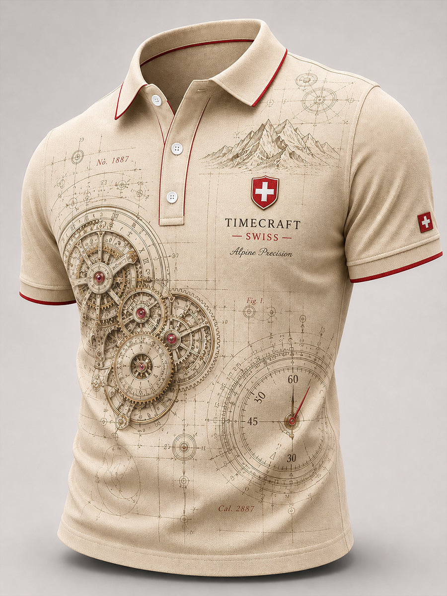 Herren-Poloshirt mit kurzen Ärmeln und Vintage-Uhr-Print