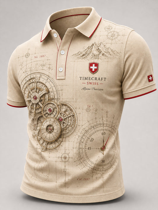 Herren-Poloshirt mit kurzen Ärmeln und Vintage-Uhr-Print