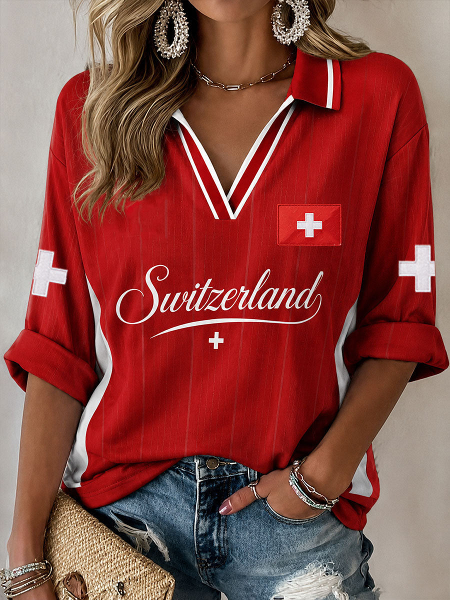 Damen Schweiz Mittellange Ärmel V-Ausschnitt T-Shirt