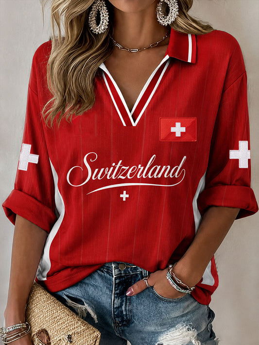 Damen Schweiz Mittellange Ärmel V-Ausschnitt T-Shirt