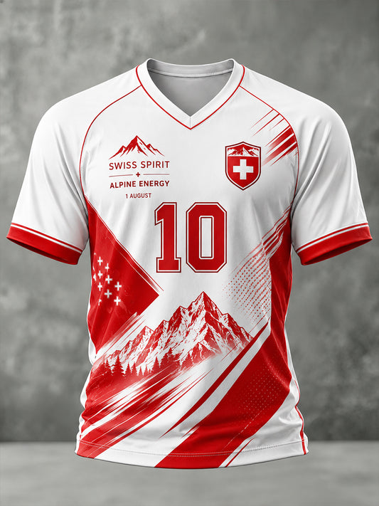 Herren-T-Shirt mit V-Ausschnitt, kurzen Raglanärmeln und nationalen Motiven zum Nationalfeiertag
