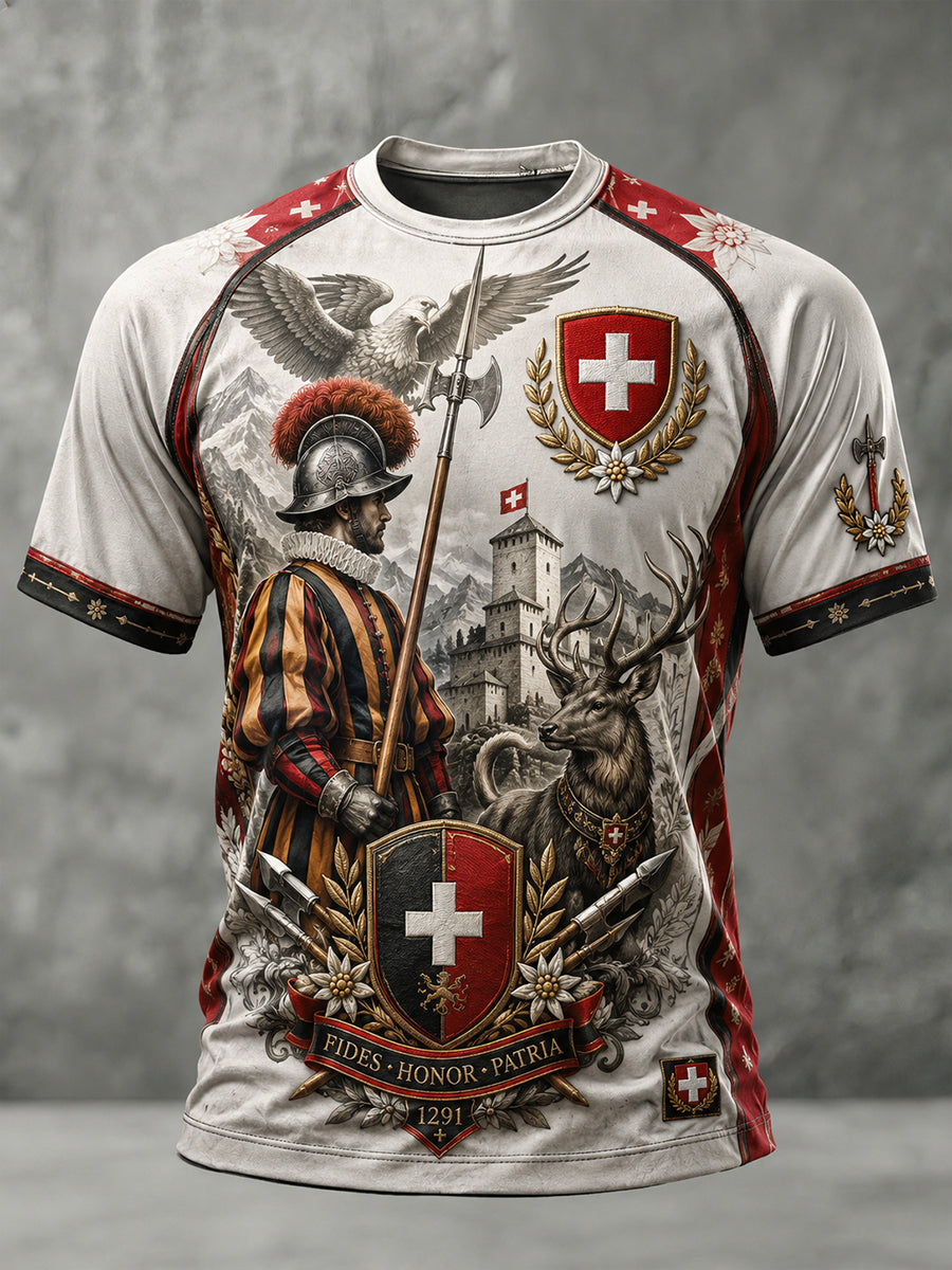 Herren-Vintage-Raglan-T-Shirt mit alpenländischem Militär-Print und kurzen Ärmeln
