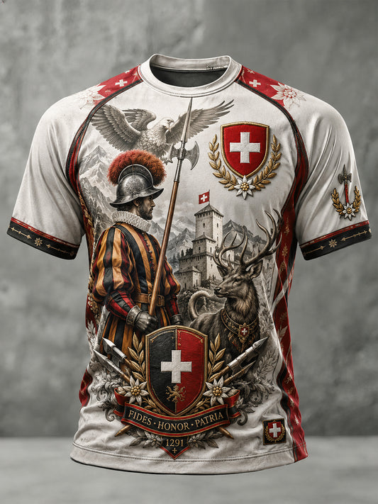 Herren-Vintage-Raglan-T-Shirt mit alpenländischem Militär-Print und kurzen Ärmeln
