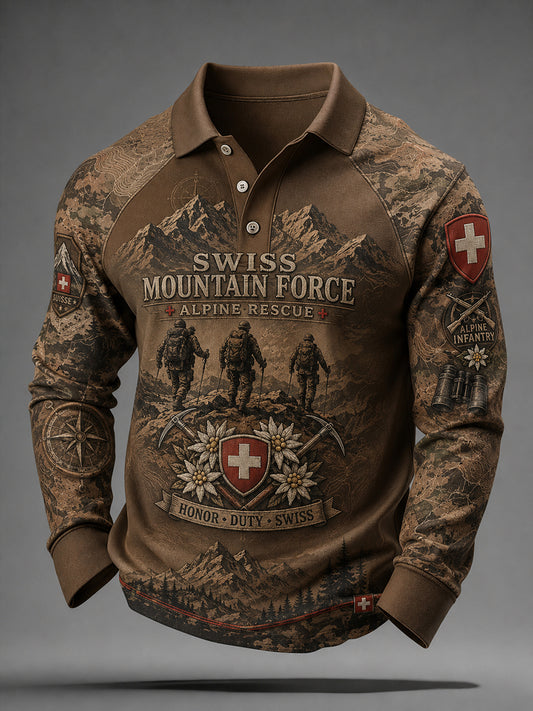 Herren Vintage Camouflage Militär-Print Raglan Langarm Polo-Shirt