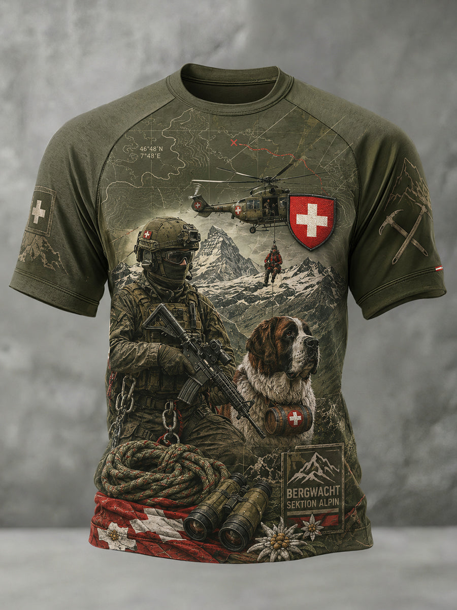 Herren-Raglan-T-Shirt mit kurzen Ärmeln und alpinem Militär-Print
