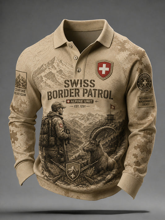 Herren-Vintage-Camouflage-Poloshirt im Militärstil mit Raglanärmeln und Langarm