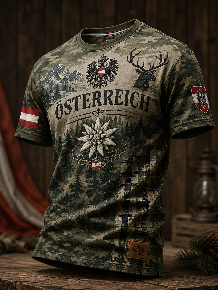Herren-T-Shirt mit österreichischem Blumen- und Schneegebirge‑Motiv als Kunstdruck