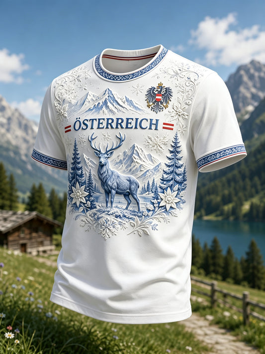Herren-T-Shirt mit österreichischem Blumen- und Schneegebirge‑Motiv als Kunstdruck