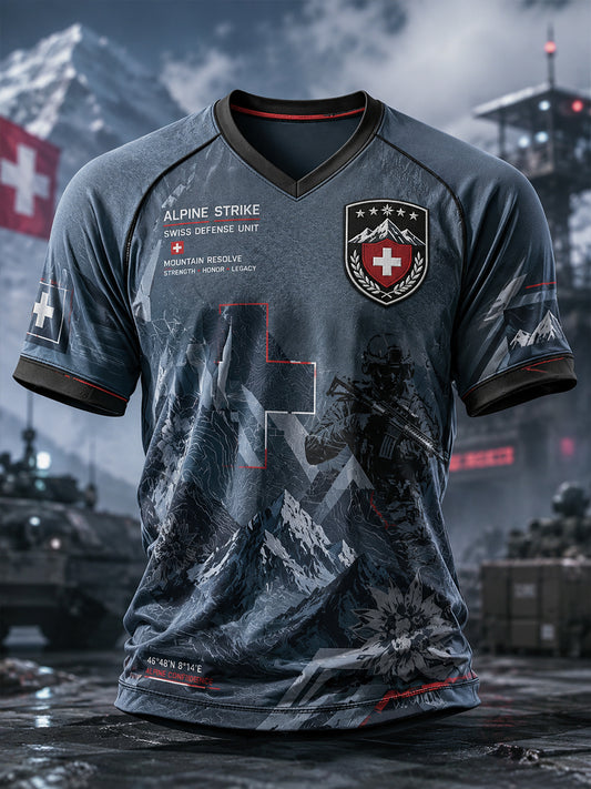 Herren-Top im Vintage-Stil mit Militärprint, V-Ausschnitt und Raglanärmeln, kurze Ärmel