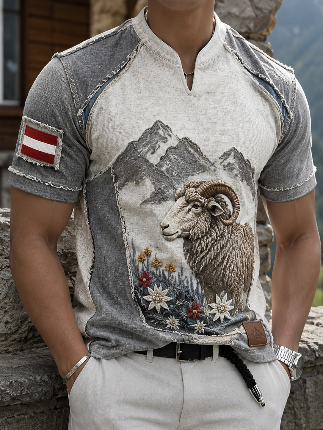 Herren-Top mit V-Ausschnitt und künstlerischem Print, inspiriert von der ländlichen Kultur Österreichs