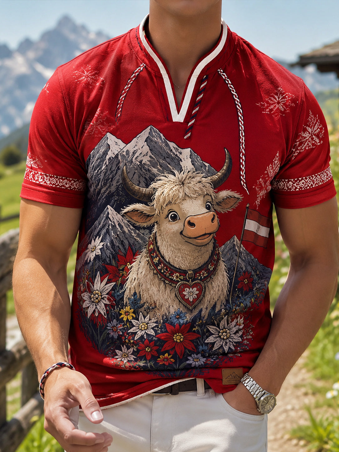 Herren-Top mit V-Ausschnitt und künstlerischem Print, inspiriert von der ländlichen Kultur Österreichs