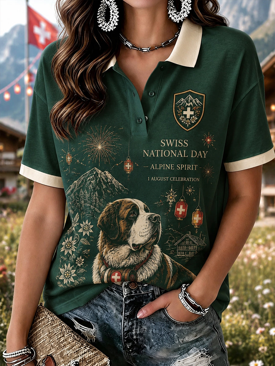 Damen-Poloshirt mit kurzen Ärmeln und Aufdruck zur Feier des Nationalfeiertags