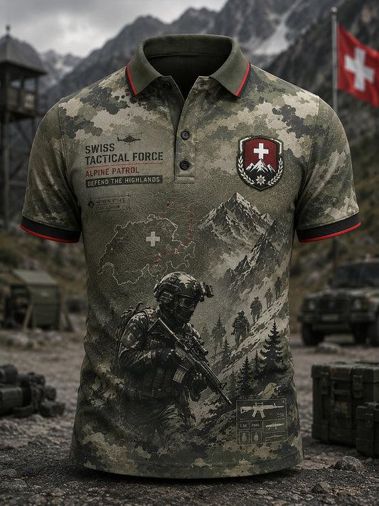 Herren-Poloshirt mit kurzen Ärmeln und militärstilvollem Print
