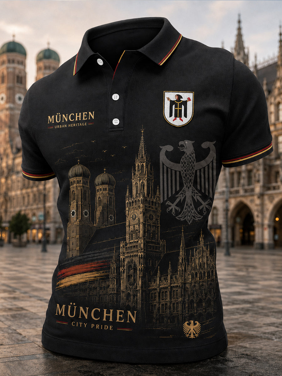 Herren-Poloshirt mit kurzen Ärmeln und urbanem, erinnerungsträchtigem Grafikdruck