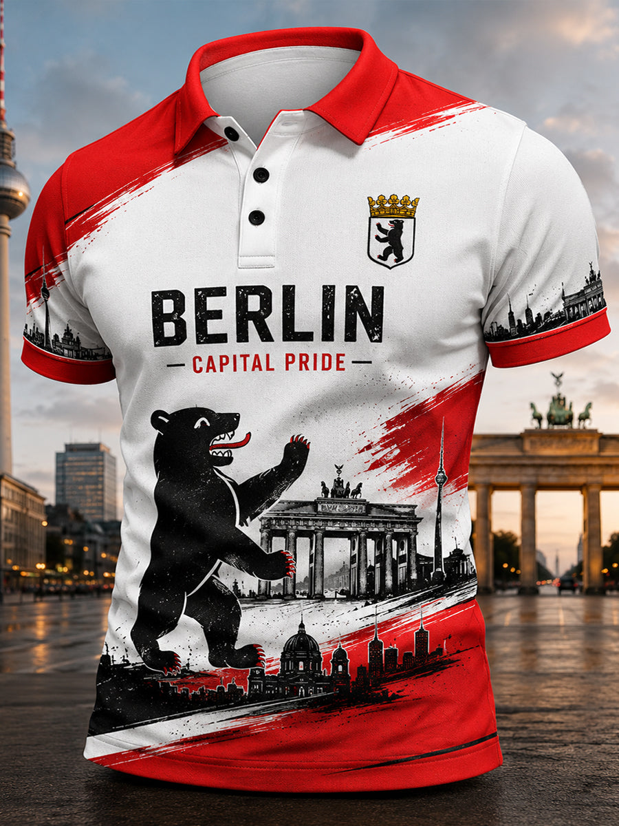 Herren-Poloshirt mit kurzen Ärmeln und urbanem, erinnerungsträchtigem Grafikdruck