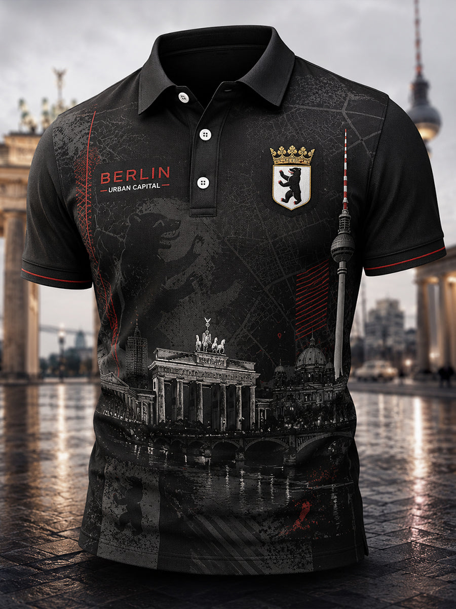 Herren-Poloshirt mit kurzen Ärmeln und urbanem, erinnerungsträchtigem Grafikdruck