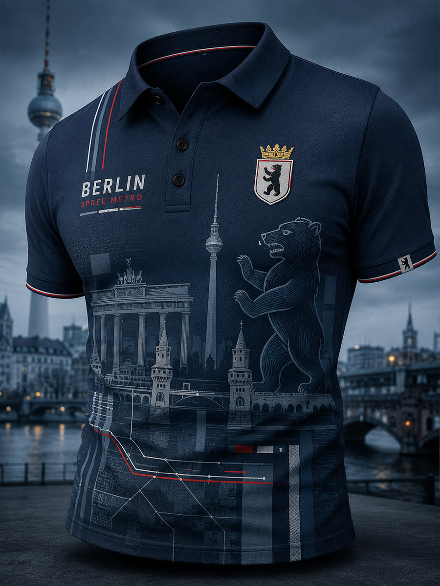 Herren-Poloshirt mit kurzen Ärmeln und urbanem, erinnerungsträchtigem Grafikdruck