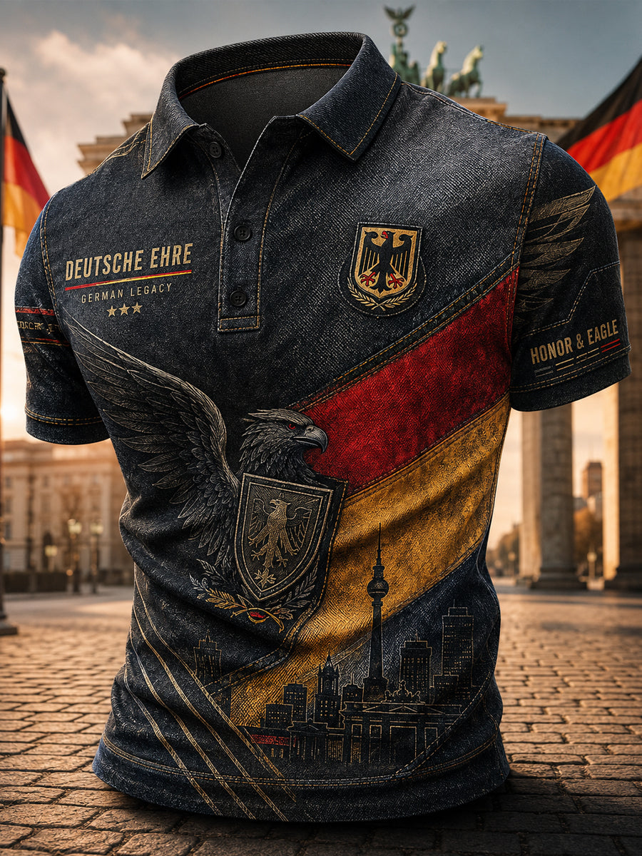 Kurzärmliges Herren-Polos hirt mit Denim-Stil Adler-Print
