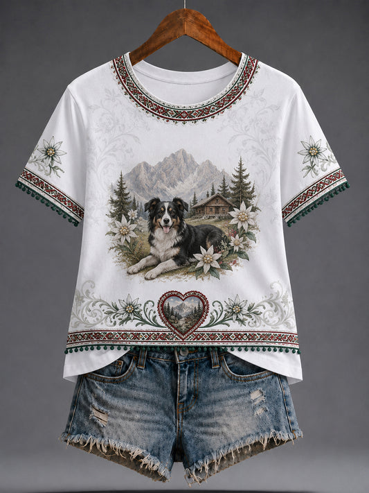 Frauen-T-Shirt im österreichischen Landhausstil mit Kunstdruck, lässig geschnitten