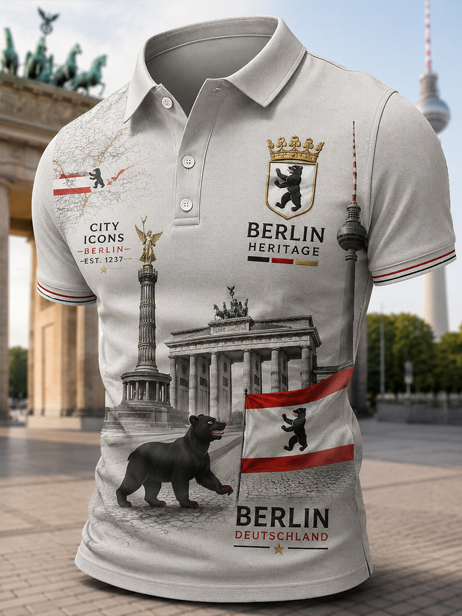 Herren-Poloshirt mit kurzen Ärmeln und urbanem, erinnerungsträchtigem Grafikdruck
