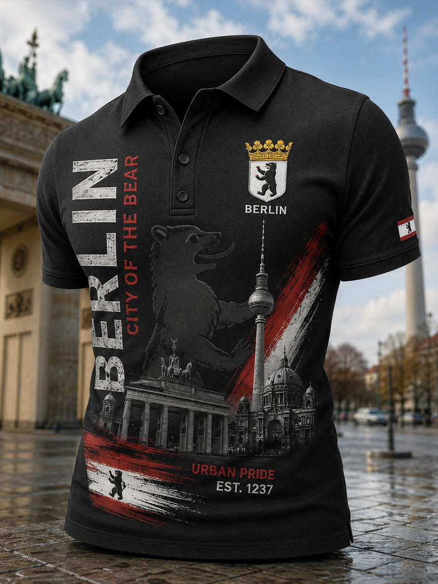 Herren-Poloshirt mit kurzen Ärmeln und urbanem, erinnerungsträchtigem Grafikdruck
