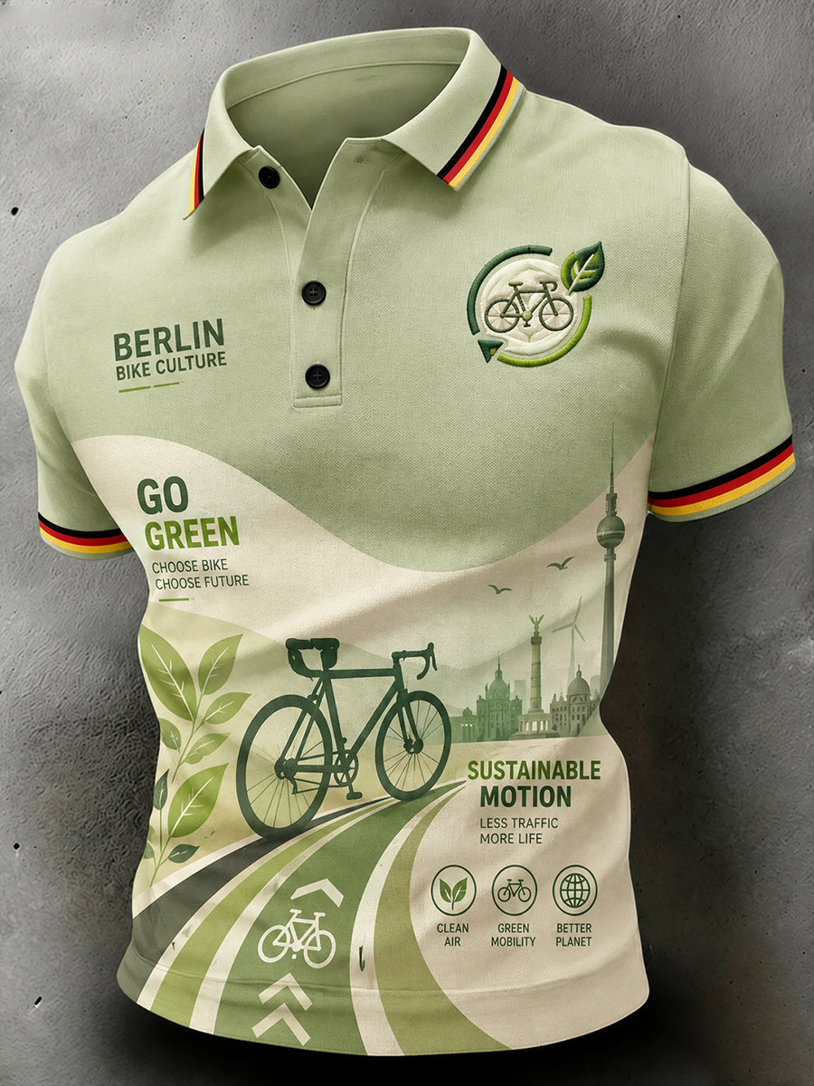 Herren umwelt freundliches Kurzarm-Polo-Shirt mit Radfahren-Themen-Print