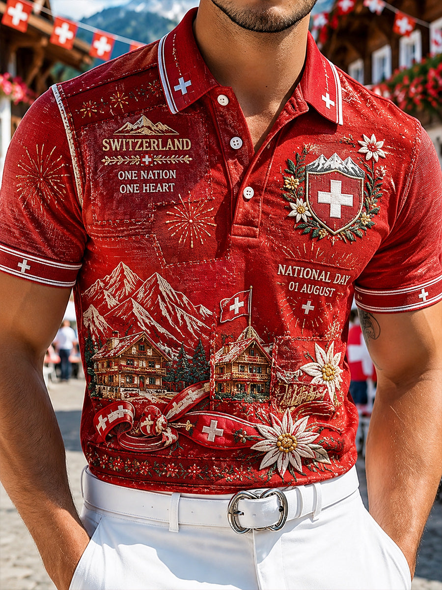 Grafisches Kurzarm-Poloshirt zur Feier des Nationalfeiertags der Männer
