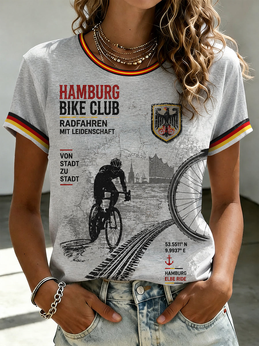 Damen-T-Shirt mit kurzen Ärmeln und Fahrrad-Motiv-Print