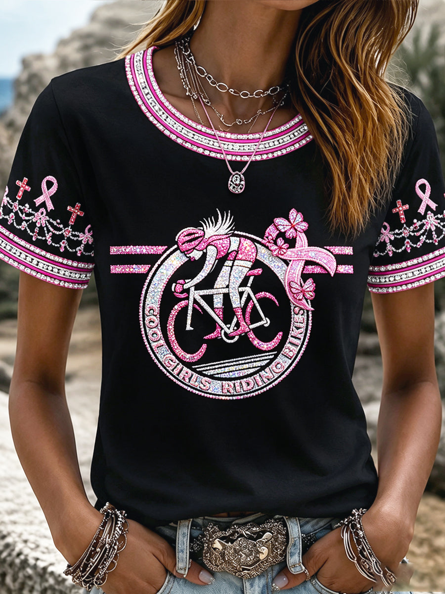 Frauen Schwarz Radfahren Brustkrebs Print Casual T-Shirt