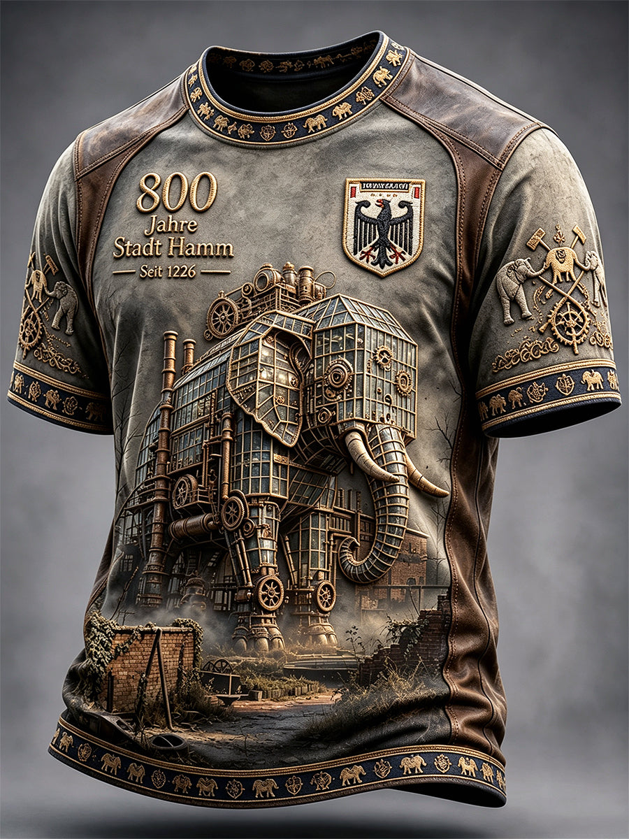 Herren Grau Deutsch Hamm 800-Jahr-Jubiläum Retro Patchwork Print Freizeit T-Shirt