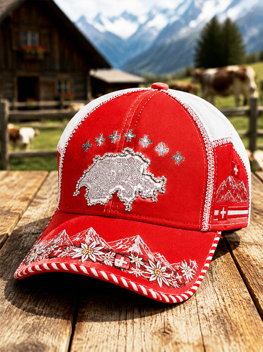 Rote Freizeithut mit Patchwork-Print zum Schweizer Nationalfeiertag