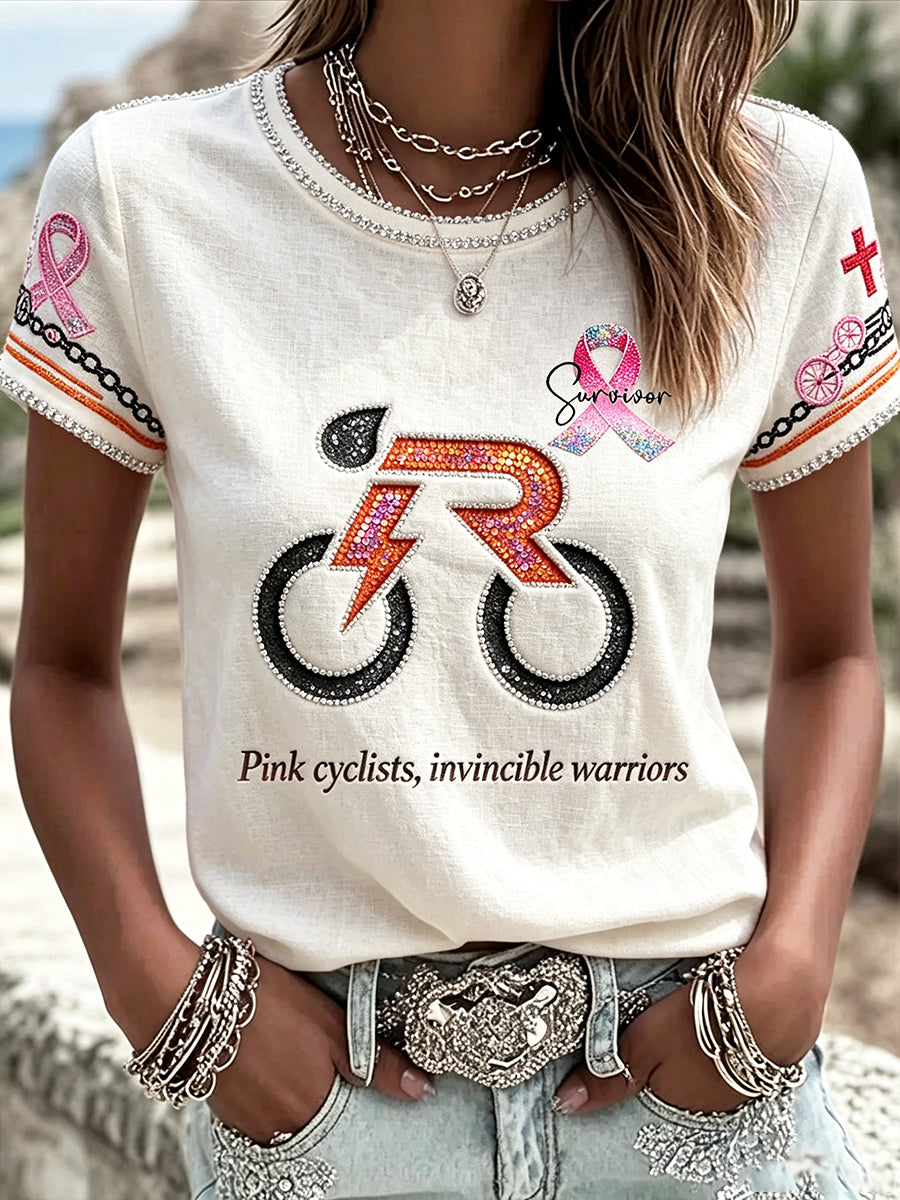 Frauen Off-White Fahrrad druck Brustkrebs Bewusstsein Casual T-Shirt