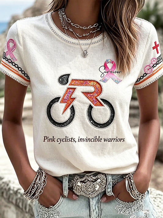 Frauen Off-White Fahrrad druck Brustkrebs Bewusstsein Casual T-Shirt