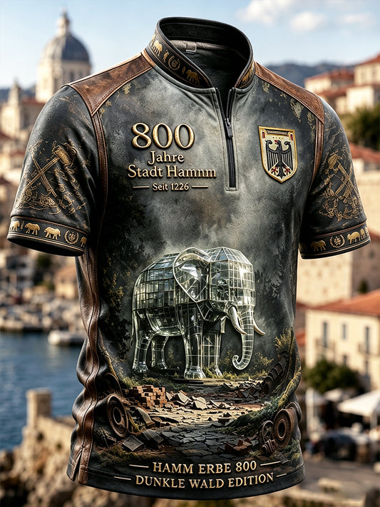 Herren Deutsches Hamm 800-Jahr-Jubiläum Retro Patchwork Print Casual T-Shirt mit Reiß verschluss