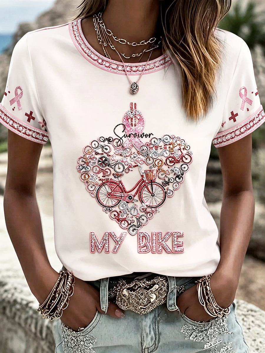 Frauen Radfahren-Themen-Brustkrebs-Print lässig T-Shirt