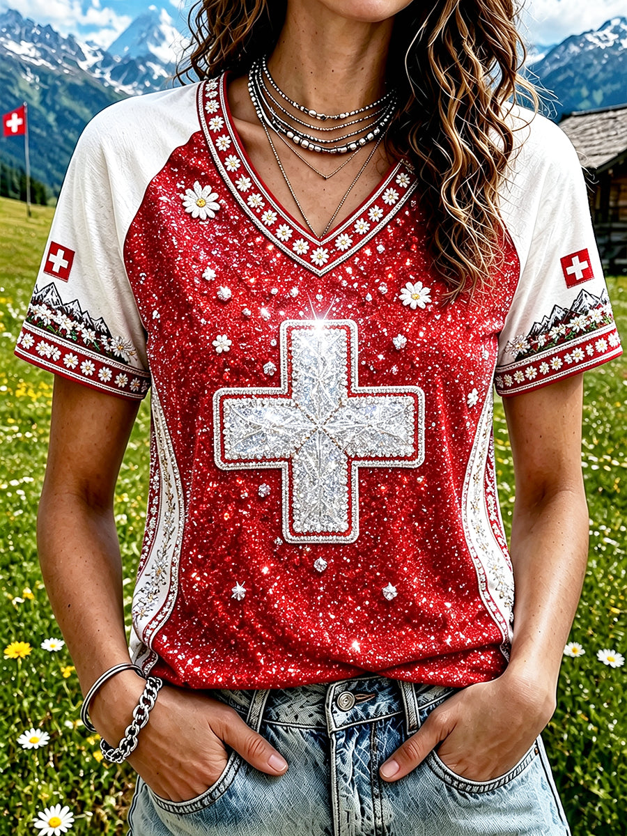 Damen-T-Shirt mit Patchwork-Print, lässig, V-Ausschnitt, zum Schweizer Nationalfeiertag