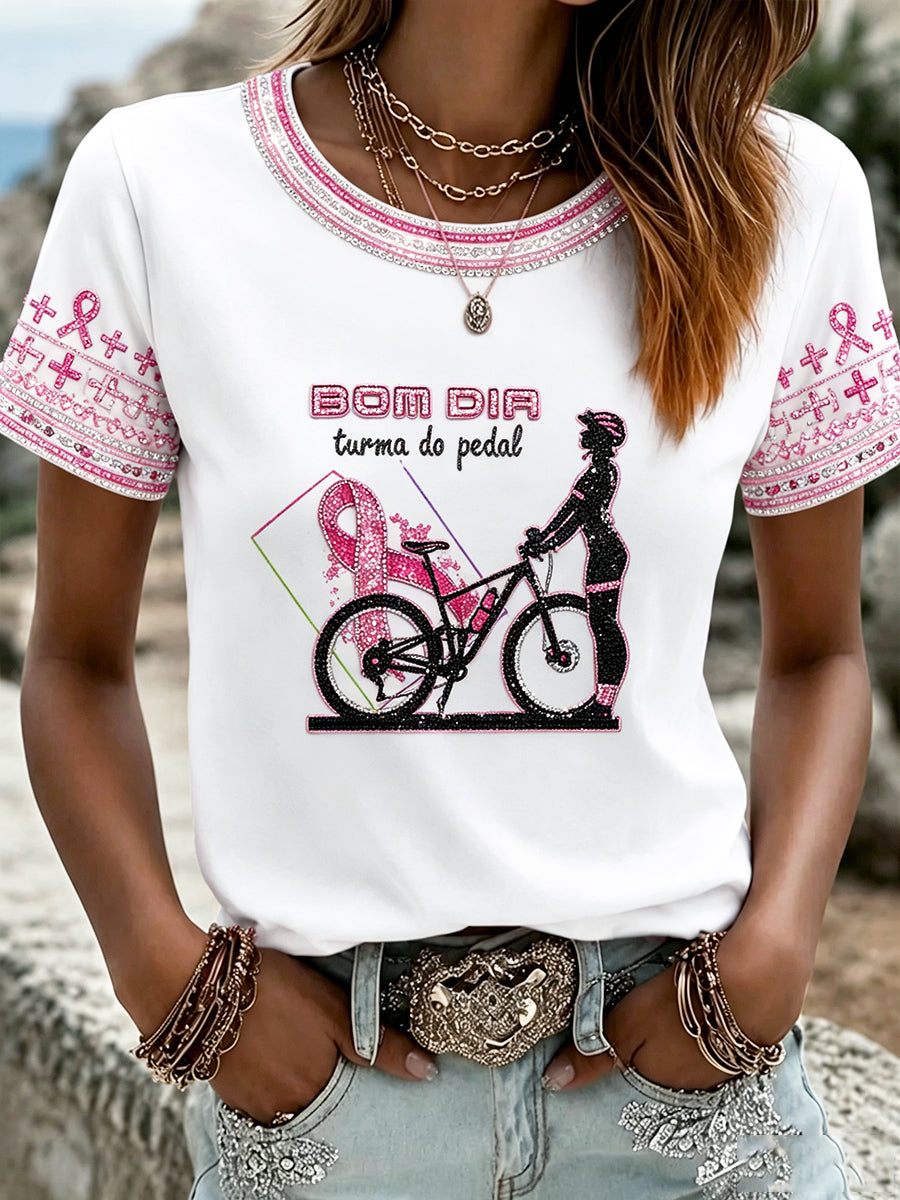Frauen weißes Radsport-T-Shirt mit Brustkrebs druck