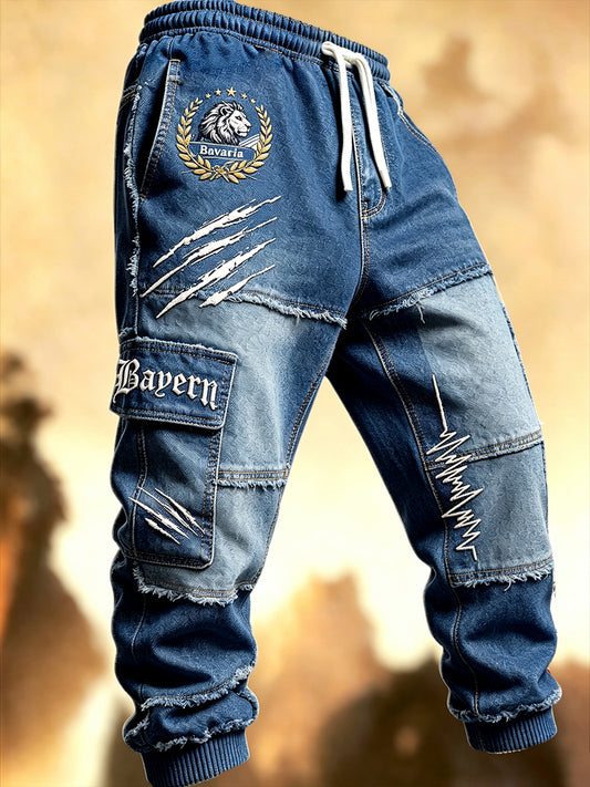 Herren Blau Bayerische Denim Patchwork Print Freizeit Sport hose