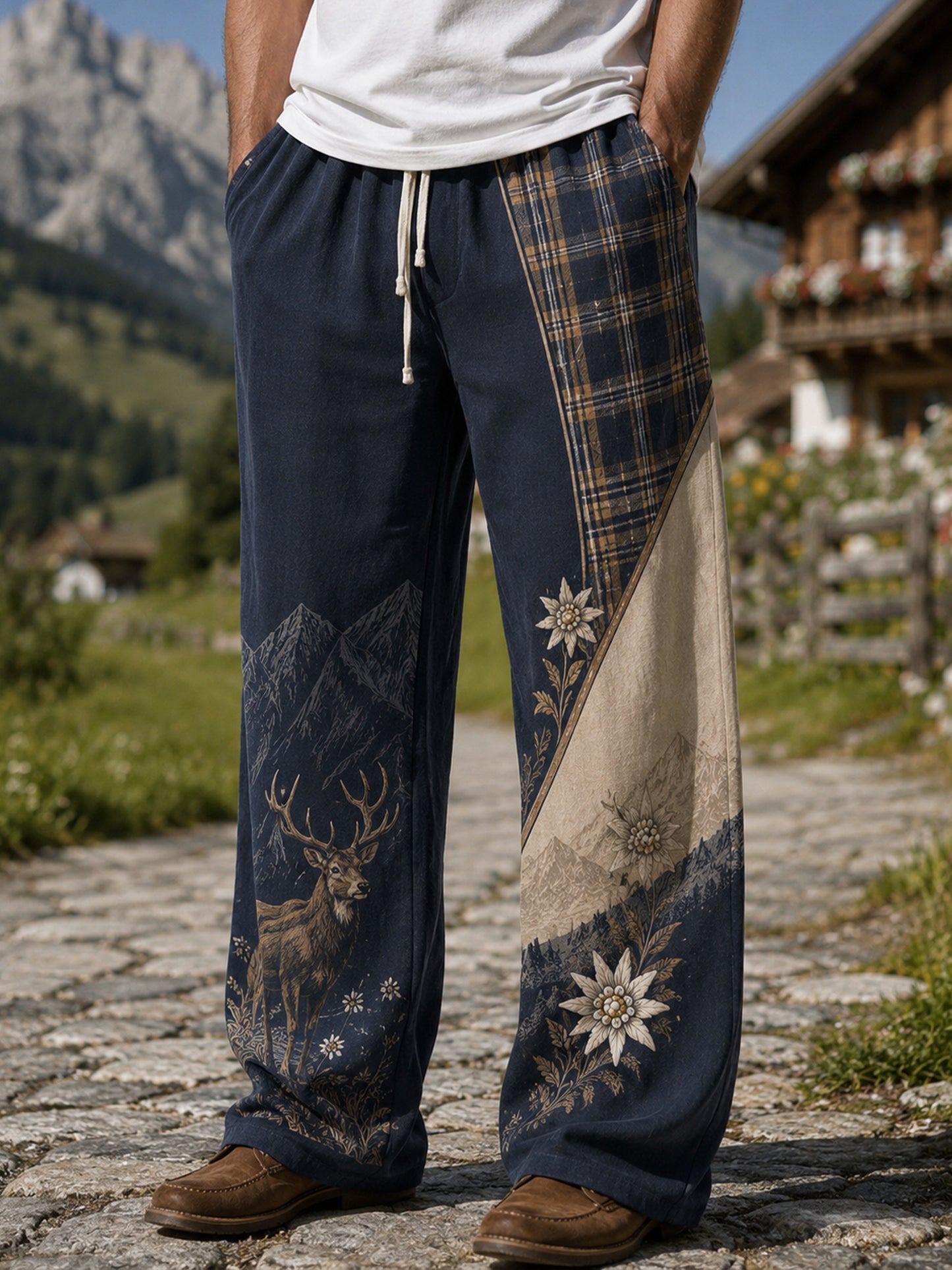 Herren-Hose im österreichischen Landhausstil mit Kunstdruck, lässig geschnitten
