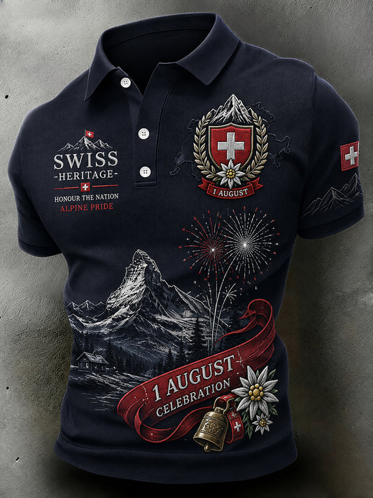 Herren-Poloshirt mit kurzen Ärmeln und Aufdruck zum Nationalfeiertag mit Flaggenmotiv