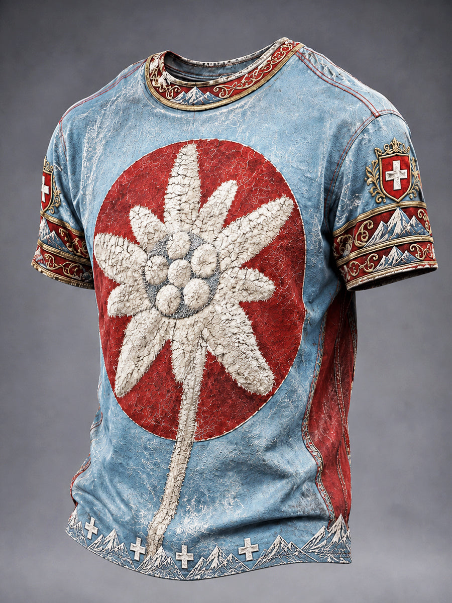 Herrenblaues, vintage-geprägtes Freizeit-T-Shirt mit Schweizer Nationaltag und Blumenmuster