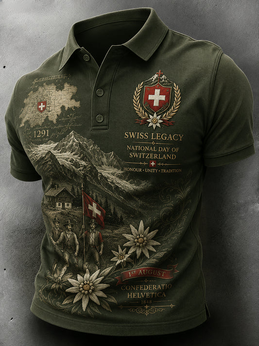 Herren-Poloshirt mit kurzen Ärmeln und Aufdruck zum Nationalfeiertag mit Flaggenmotiv