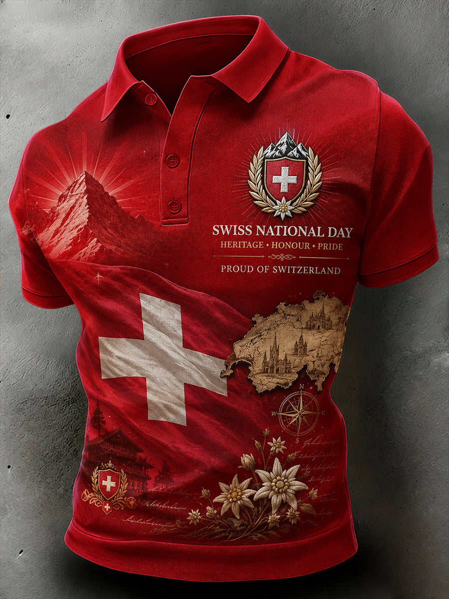 Herren-Poloshirt mit kurzen Ärmeln und Aufdruck zum Nationalfeiertag mit Flaggenmotiv