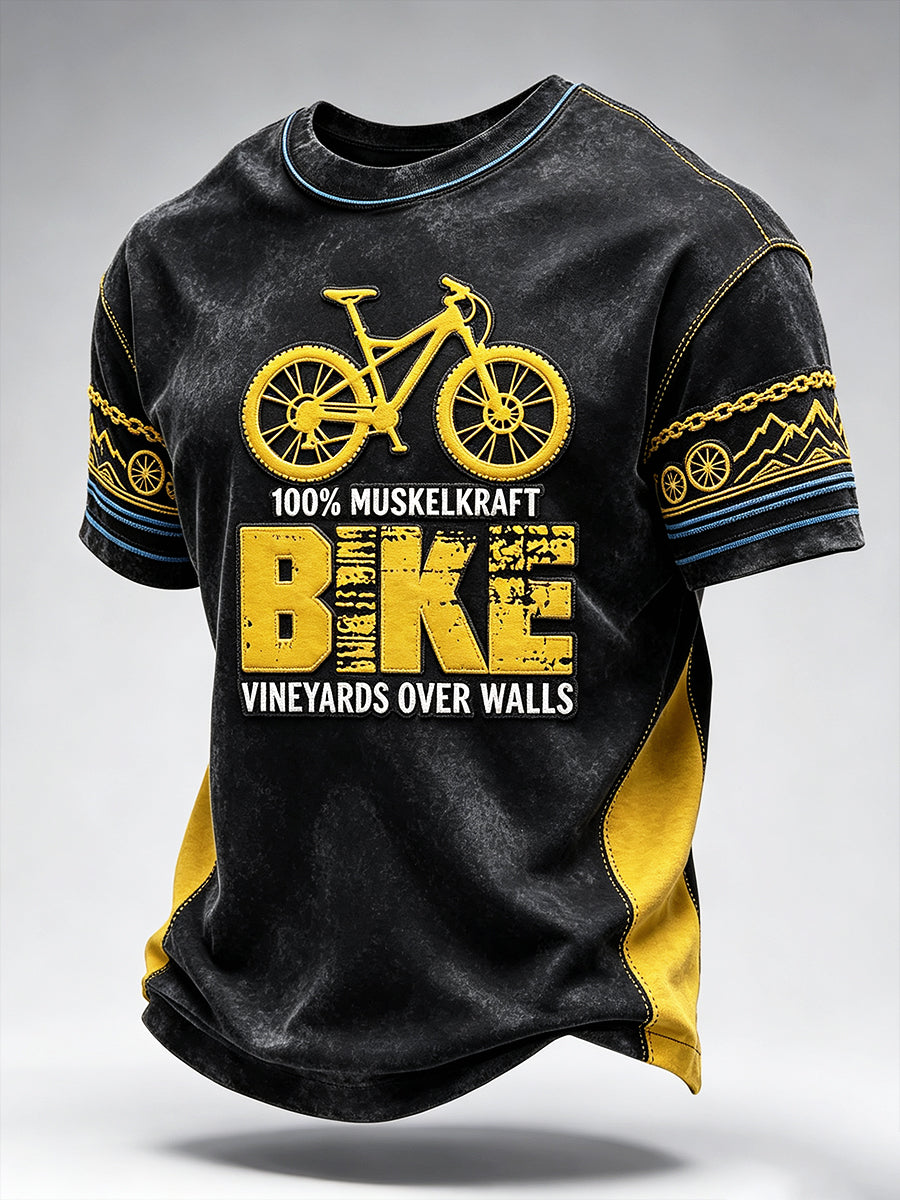 Herren Schwarz Deutsch Radfahren Patchwork Print Freizeit T-Shirt