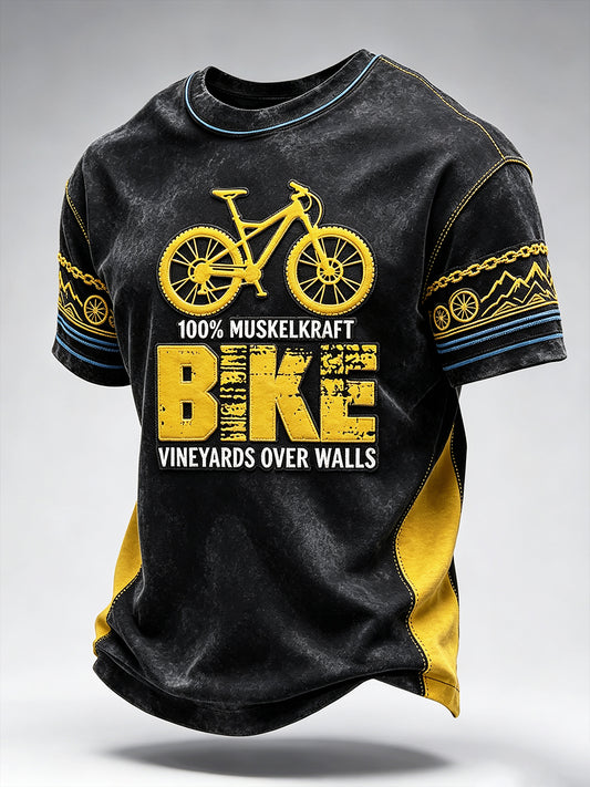 Herren Schwarz Deutsch Radfahren Patchwork Print Freizeit T-Shirt
